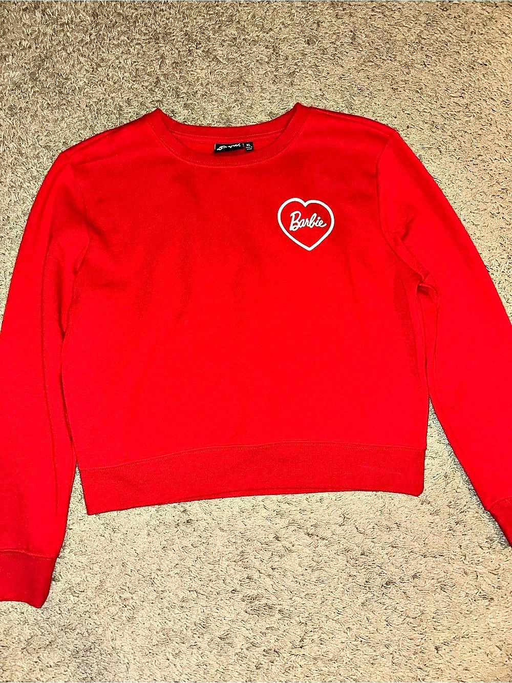 Barbie Red Cropped Crewneck Sweatshirt with White Heart Logo Red XL